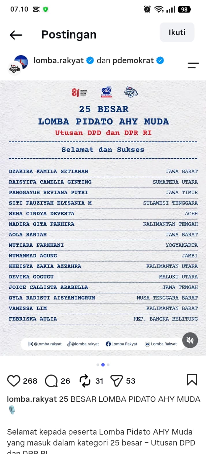 25 Besar Lomba Pidato AHY Muda