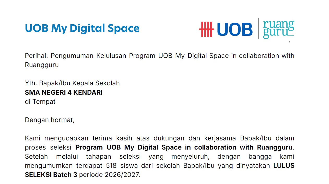 SMAN 4 Kendari Lolos Seleksi Batch 3 Program UOB My Digital Space x Ruangguru